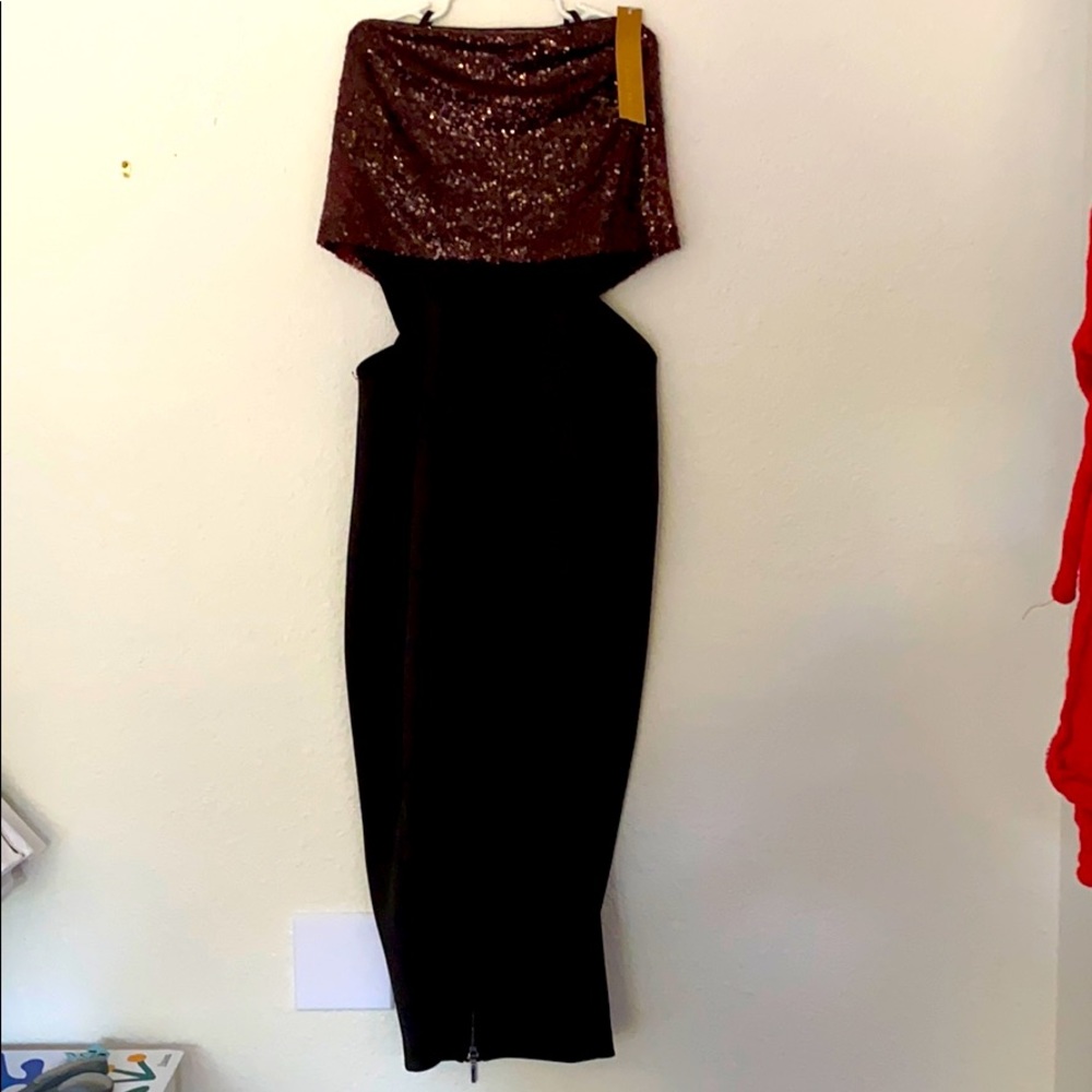Black tube top sequin pencil dress side cutouts